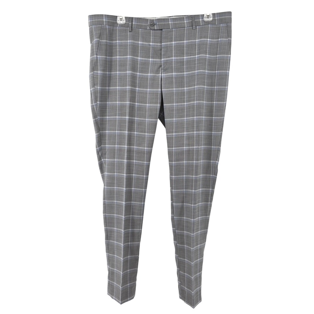 MAZARI Men's Gray Blue Windowpane Dress‎ Pants Flat Front Size 42x34.5 Business